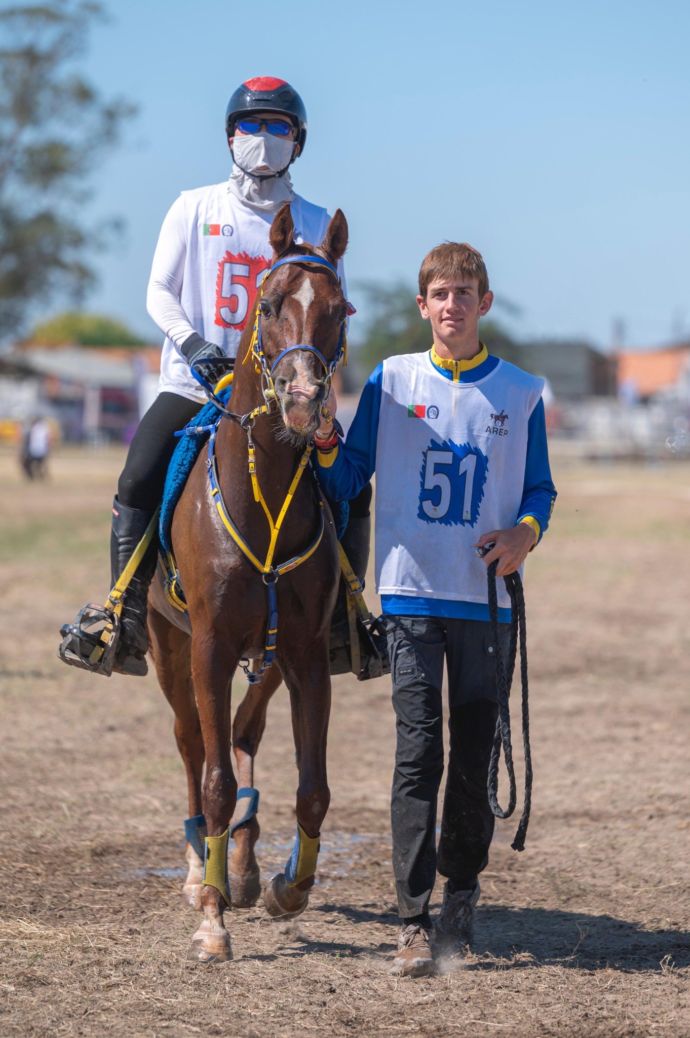 Endurance horse with rider and handler at competition